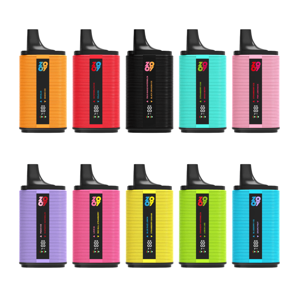 A grid display of ten colorful vape devices with ribbed designs and black mouthpieces, each featuring a digital display and unique color combination.