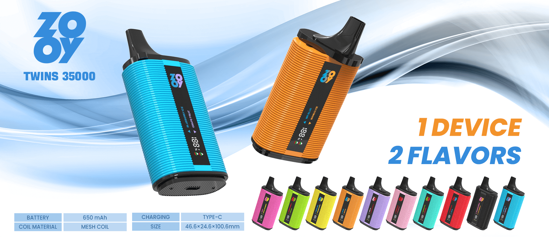 A promotional image of the Zooy Twins 35000 vaping device, showcasing its colorful design, flavor options, and key specifications like a 650mAh battery and Type-C charging.
