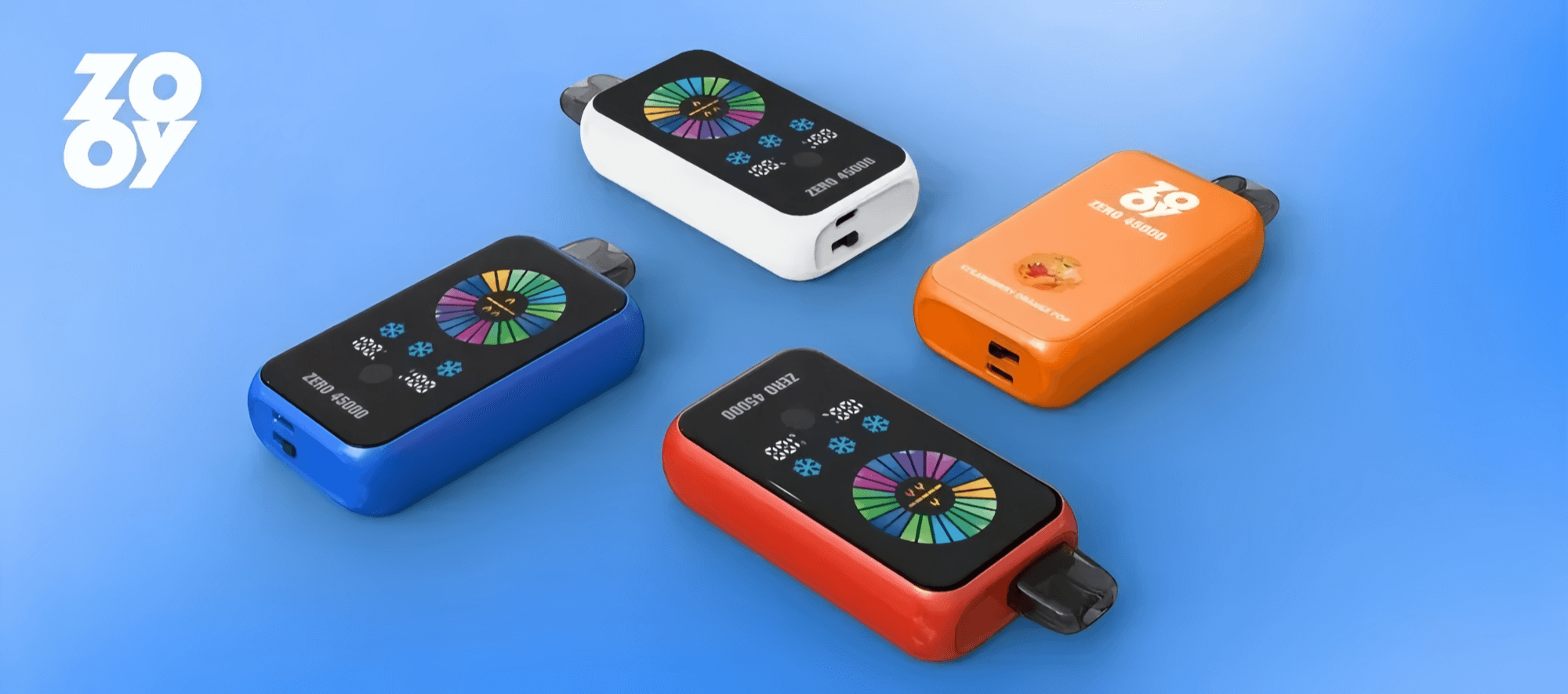 Cuatro dispositivos de vapeo coloridos con pantallas digitales, tres de ellos en azul, blanco y rojo, cada uno etiquetado como 'ZERO 4500', y uno en naranja etiquetado como 'ZERO 4800', sobre un fondo azul.