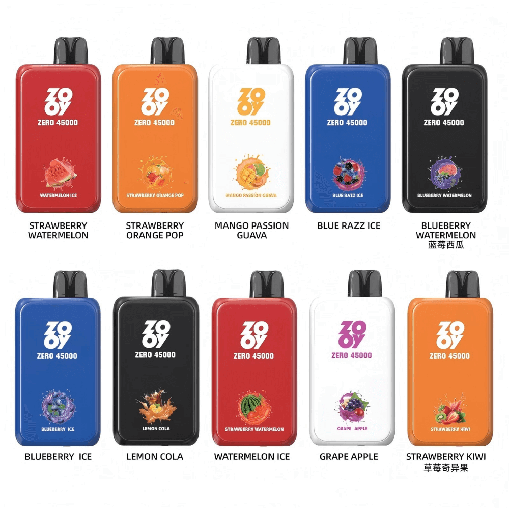 Un diseño de cuadrícula que muestra diez dispositivos de vapeo de diferentes colores etiquetados como "Zero 45000", cada uno con diseños y sabores como fresa y sandía, mango, pasión y guayaba, y arándano helado.