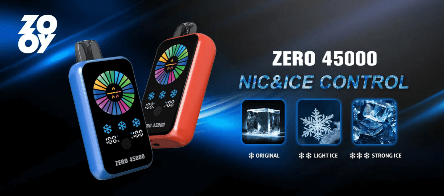 Gráfico que muestra dos dispositivos de vapeo portátiles, uno azul y otro rojo, con pantallas circulares de colores con la etiqueta "ZERO 45000" y texto que describe los niveles ajustables de nicotina y enfriamiento. El fondo incluye imágenes de hielo que indican opciones de enfriamiento como "Original", "Light Ice" y "Strong Ice".