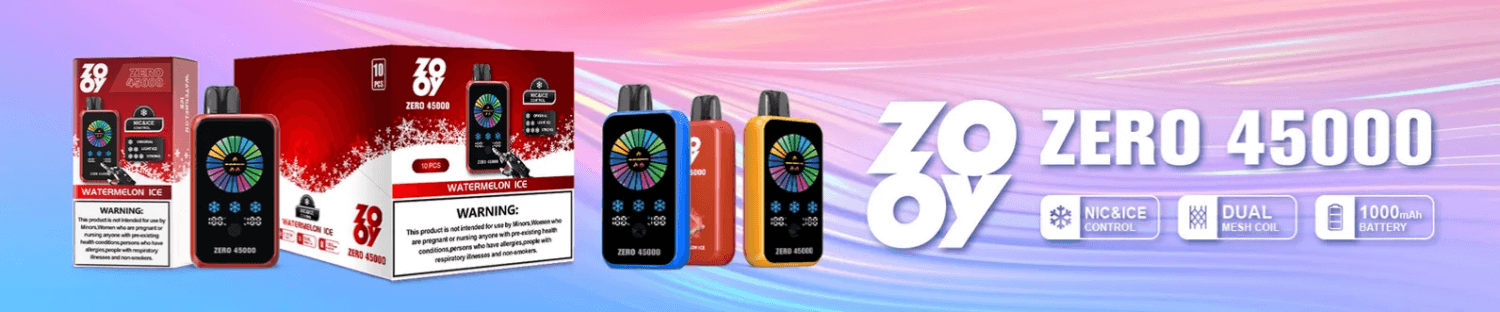 Banner promocional de ZOOV Zero 45000 con dispositivos de vapeo coloridos y empaque de producto con sabor Watermelon Ice, que muestra características como control NIC e ICE, bobina de malla dual y una batería de 1000 mAh sobre un fondo degradado.