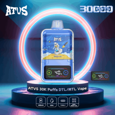 Imagen promocional colorida del dispositivo de vapeo DTL/MTL ATVS de 30,000 bocanadas que muestra su diseño azul, botones de control y marca, rodeado de anillos brillantes y especificaciones del producto.