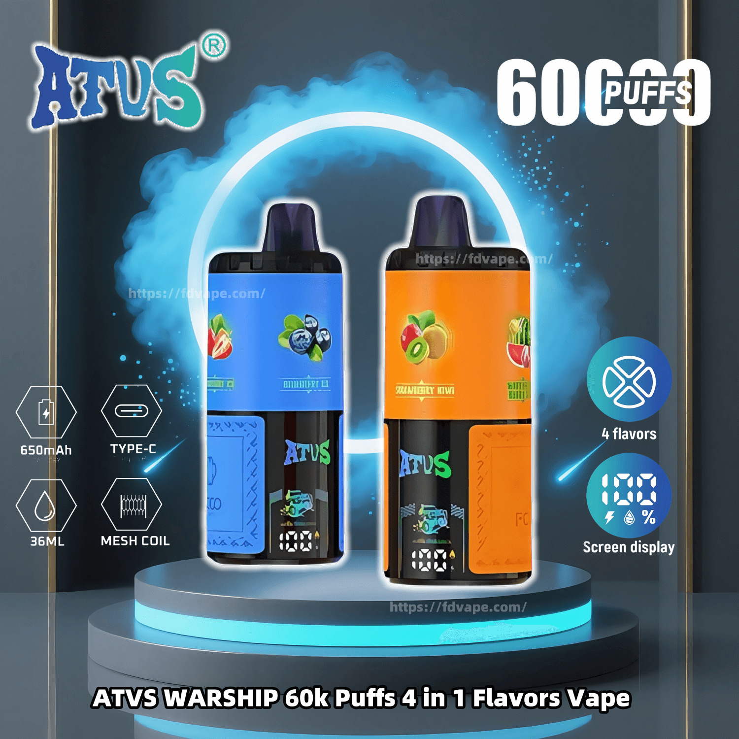 atus vape 60000 puffs ATVS Warship 60000 60k Puffs 4 in 1 Flavors Disposable Vape 4 Adjustable  Flavors 5% Nicotine 6Tastes With Screen Display | Vape Factory Direct main image 0