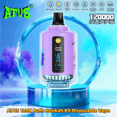 Purple ATVS disposable vape device with a digital display showing a rocket graphic and '120000 puffs' labeling, centered on a glossy blue circular pedestal inside a translucent blue ring against a clouded sky backdrop, with product feature icons and the caption 'ATVS 120K Puffs Hookah Kit Disposable Vape' at the bottom.