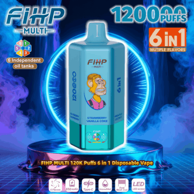 Blue FiHP Multi disposable vape in a hexagonal shape with a cartoon monkey on the front, displayed on a glowing neon pedestal and labeled "12000 puffs" and "6-in-1 multiple flavors" with icons indicating six independent oil tanks, 650 mAh battery and Type‑C charging.