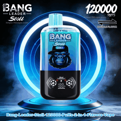 Teal-to-black Bang Leader Stoll 2-in-1 disposable vape device with a clear mouthpiece, central logo, digital display and control icons, shown on a glowing blue concentric-ring pedestal with “120000 puffs” and “double flavor” branding in the background.