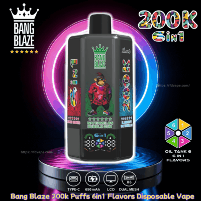 Bang Blaze 200k Puff 6-in-1 disposable vape on a glowing pedestal, black bottle with cartoon monkey and Watermelon Bubble Gum flavor.