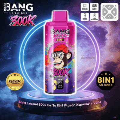 Colorful Bang Legend 300K 8in1 disposable vape bottle featuring a cartoon monkey wearing a red beanie.