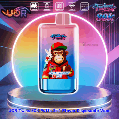 Colorful gradient disposable vape on a neon pedestal, featuring a cartoon gorilla with a rabbit and Strawberry Ice flavor, Twins branding.