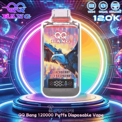QQ Bang 120K puffs disposable vape with Blackberry Red Raspberry flavor, featuring a blue eagle graphic and a digital display.