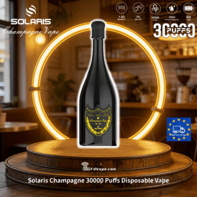 Solaris Champagne Vape bottle, a black bottle with a yellow crest label on a wooden pedestal framed by a glowing neon ring.
