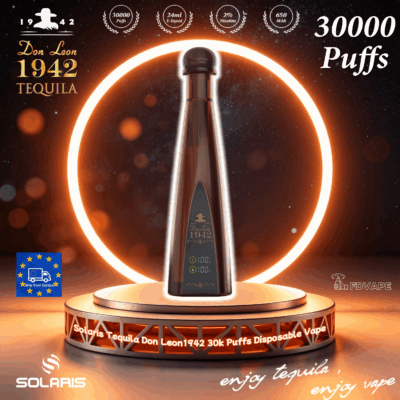 A dark Don Leon 1942 Tequila bottle sits on a circular pedestal under a neon ring, advertising 30k puffs disposable vape.