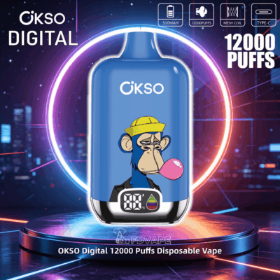 OKSO Digital 12000 Puffs disposable vape with 500mAh battery, mesh coil, Type-C, and cartoon monkey design on blue device