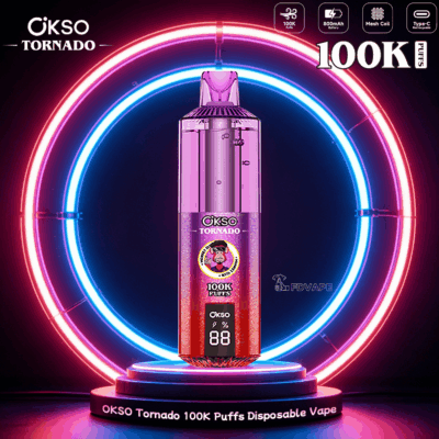 OKSO Tornado 100K Puffs disposable vape with digital display, neon ring backdrop, 800mAh battery, mesh coil, Type-C recharge
